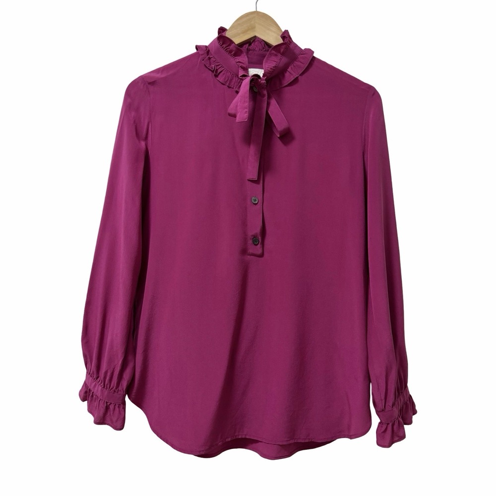 J Crew Womens Classic 100% Silk Tie Neck Blouse Top Size 6 Fuchsia Pink Career